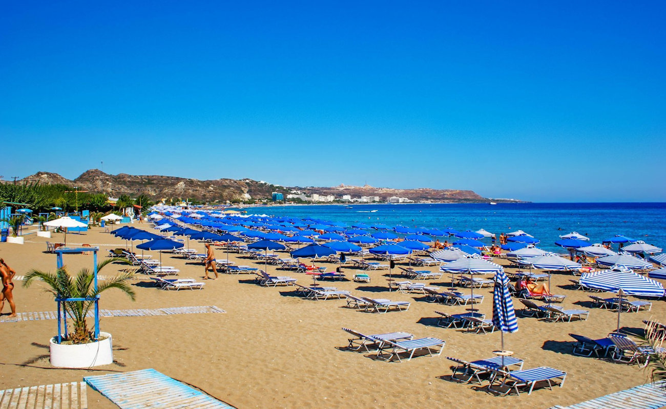 A beautiful view of Faliraki Beach, with its crystal-clear waters and stunning coastline